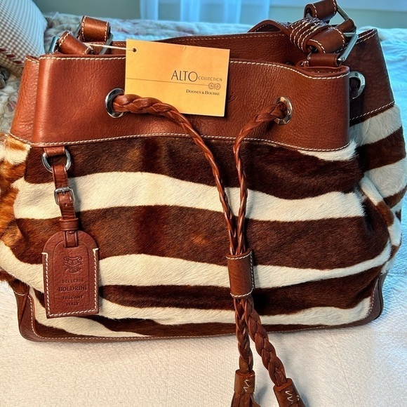 Dooney & Bourke X Boldrini Selleria Bag Italian Leather Brown White Zebra NWT - Picture 3 of 16